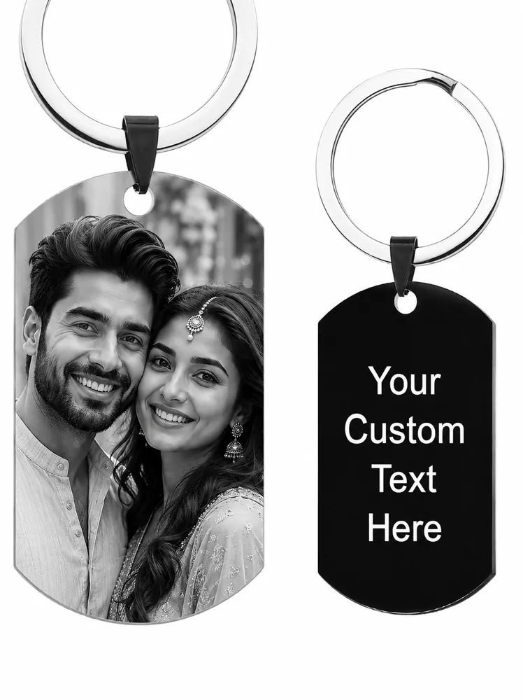 Front and back examples of a customized couple photo keychain with a personal message