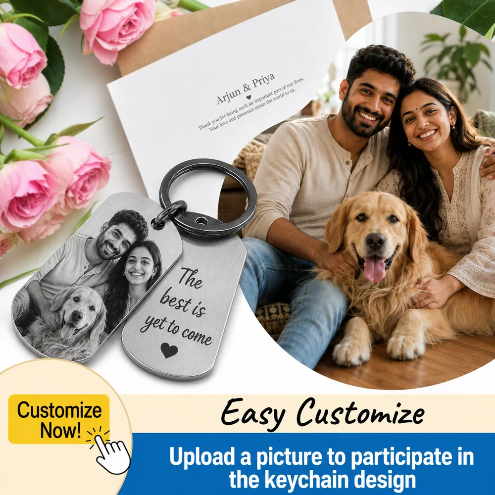 Customized stainless steel keychains with photo and text engraving beside a family and pet photograph
