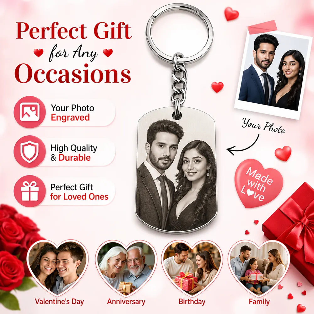 Customized photo engraved stainless steel keychain presented as a gift for special occasions