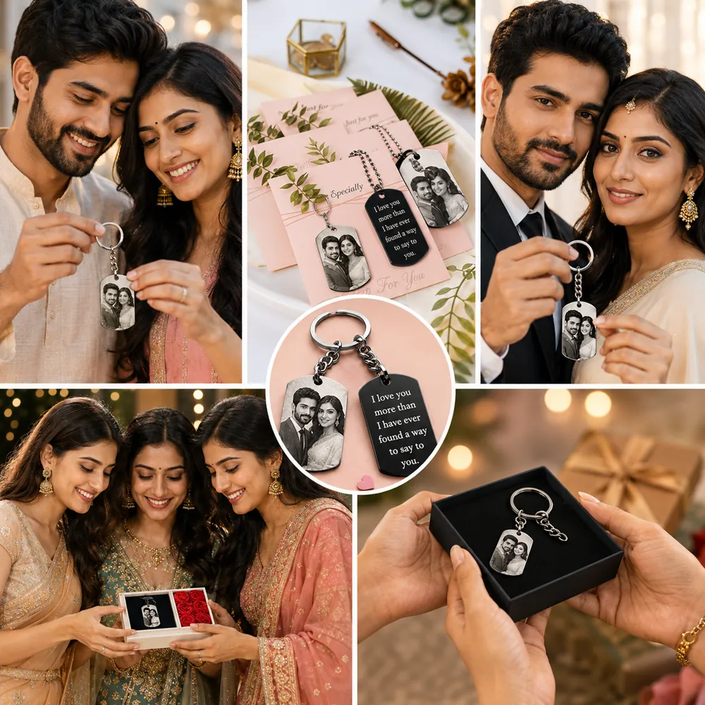 Woman holding a customized photo keychain