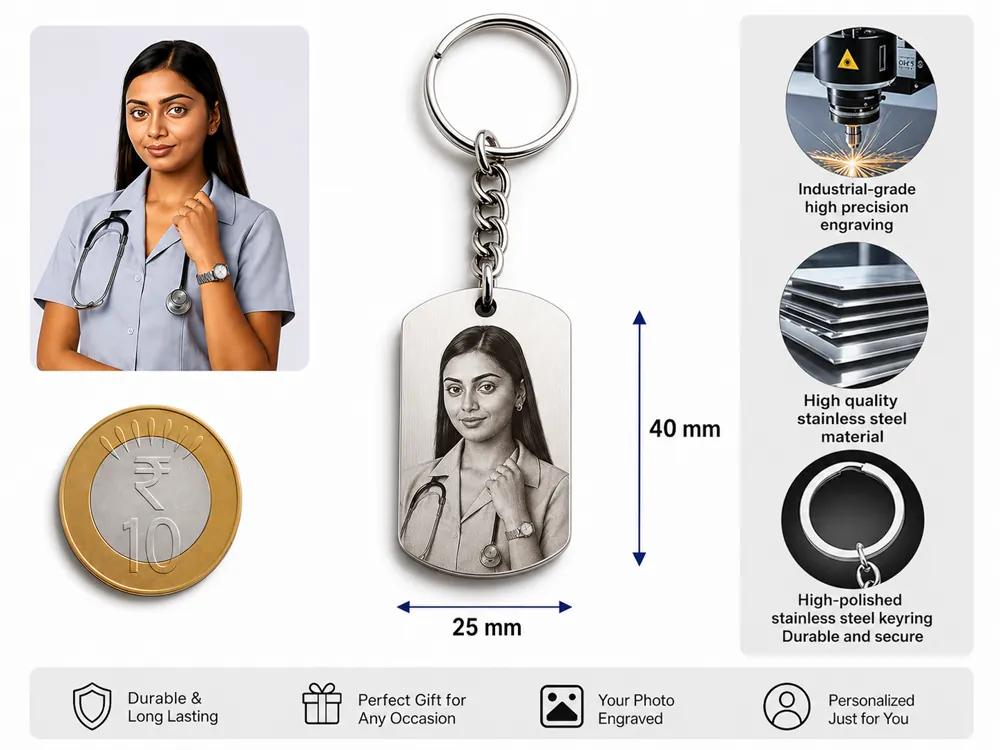 Customized dog tag keychain showing 25 by 40 millimetre dimensions and stainless steel details